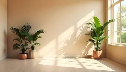 Fototapeta premium A tropical indoor scene with palm leaves and sunlight streaming through a window , creating a warm and serene atmosphere