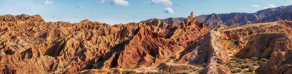 Panoramic view of beautiful landscape of Skazka canyon, famous destination in Kyrgyzstan