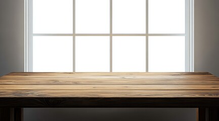 Rustic wooden table near bright window.