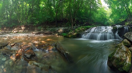 Serene Waterfall in Lush Summer Forest: A Tranquil Nature Scene. AI Generated