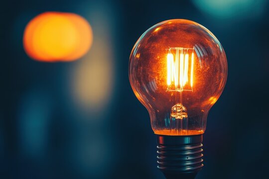 Close-up of a glowing incandescent light bulb with a blurry orange background