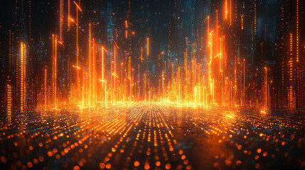 Digital landscape with glowing orange financial data visualizations