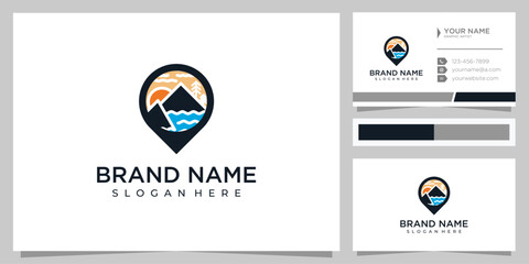 Mountain Forest Lake River with Pin Map Location for Travel Location Adventure Logo Design