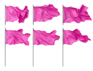 six pink flags waving on transparent background the flags are made of a soft. flowing fabric. and they are all fluttering in the wind they are isolated on a transparent background. making them perfect