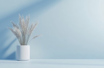Minimalist pampas grass in white pot against light blue wall.