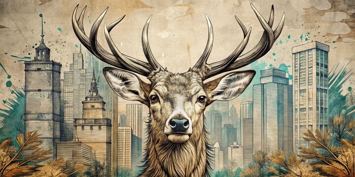 Male Deer Head Hand Drawn Sketch Illustration in Urban Exploration, Capturing Nature Meets City Vibes, Vintage Style, Wildlife Art, Interior Décor, Nature Lover, Unique Artwork, Creative Expression