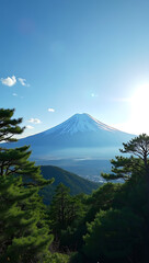 “Mount Fuji with Snow-Capped Peak” – A striking view of Mount Fuji’s snow-capped peak surrounded by lush green forests and a clear blue sky, symbolizing the natural beauty of Japan.
