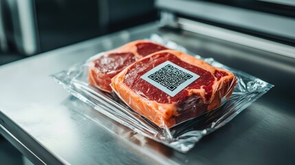 A vacuum-sealed package of beef steaks with a QR code, resting on a stainless steel surface, showcasing modern food packaging technology.