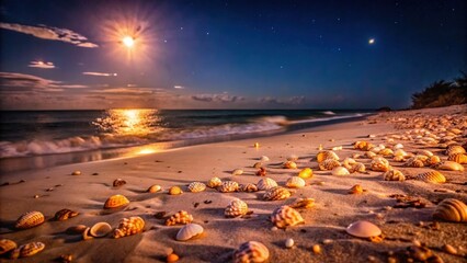 Seashells scattered on a sandy beach under a starry sky and a bright moon