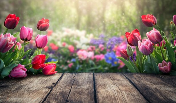 Spring tulips on wooden table.