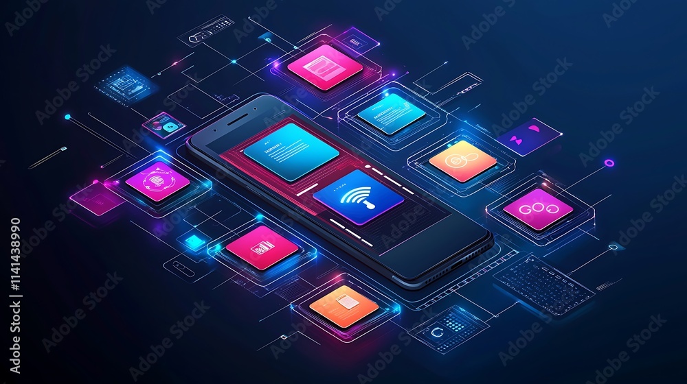 Poster smartphone displaying interconnected app icons, representing digital connectivity and mobile technol