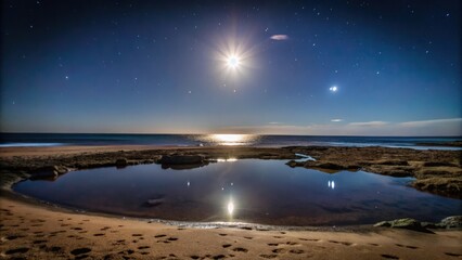 Fototapeta premium A Moonlit Tide Pool on a Sandy Beach Under a Starry Sky