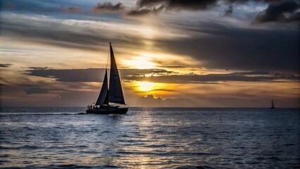 Fototapeta premium Sailboat Silhouette at Sunset with Dramatic Sky