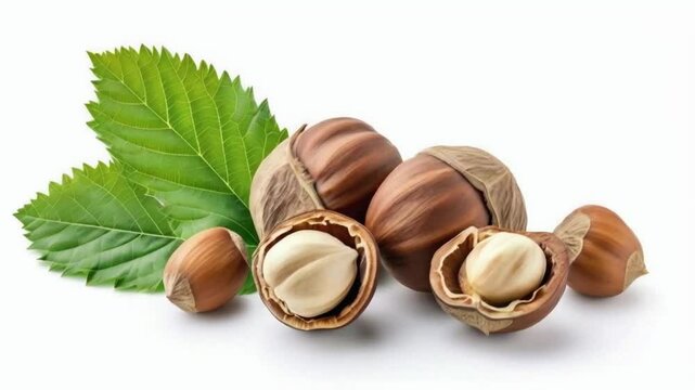 Hazelnuts with leaves isolated. Filberts, hazelnuts or cobnuts are nutritious nuts, known for their sweet flavor, used in baking, cooking, and snacking. 
