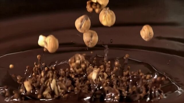 Hazelnuts falling and splashing in chocolate. A decadent blend of rich chocolate and crunchy hazelnuts, perfect for baking, spreads, snacking, or gourmet desserts. 