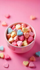 Colorful heart-shaped candy sweet treats home kitchen bright pink background close-up shot joyful celebration