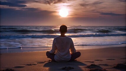 Person Meditating on the Beach at Sunset