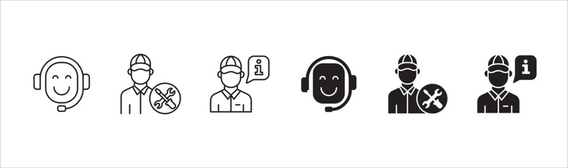 Customer service and support operator icon set. Help center and information hot line staff or agent icons. technical support mail contact signs. Vector stock illustration.