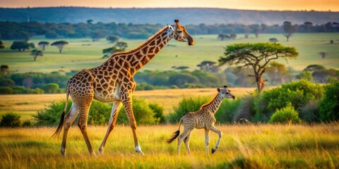 Obraz premium Mother Giraffe and Calf Walking in Masai Mara, Kenya - Candid Nature Photography of Wildlife Interaction