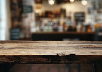Rustic wooden table in blurry cafe background.