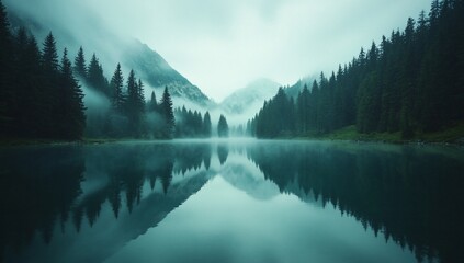 Fototapeta premium Serene mountain lake reflecting misty forest.