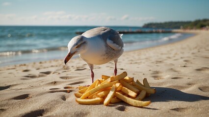 Seagull on sandy beach stealing french fry chips 