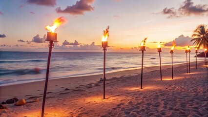 Flaming Torches Line a Sandy Beach at Sunset