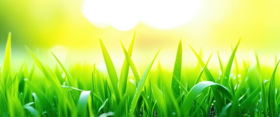 Fototapeta premium Photo of a close-up of green grass with a soft, bright, and warm light shining through the blades, creating a dreamy and ethereal atmosphere. The background is blurred and filled with a gradient of ye