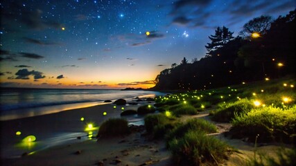 Obraz premium Fireflies illuminate a beach at twilight, with stars twinkling overhead.