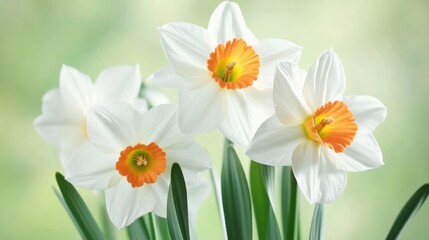White daffodils with orange centers in soft