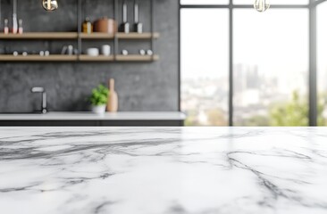 Marble countertop in modern kitchen with city view.