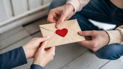 Two hands exchanging a beige envelope with a red heart seal indoors. Valentine's Day concept for gift and greeting card design