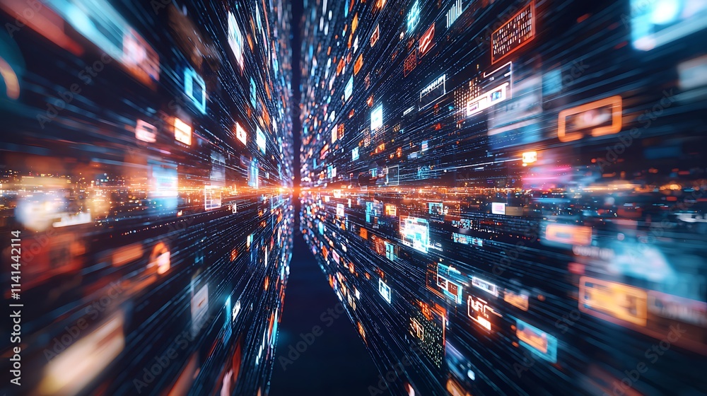 Poster abstract digital data stream, futuristic tunnel of information, glowing network.