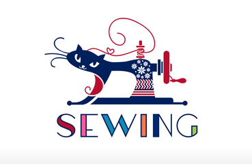 Creative Cat Crafting Sewing Machine Logo Design Vector Icon Symbol Illustration this brand identity logo design can use social media website marketing agency and many clothing business company