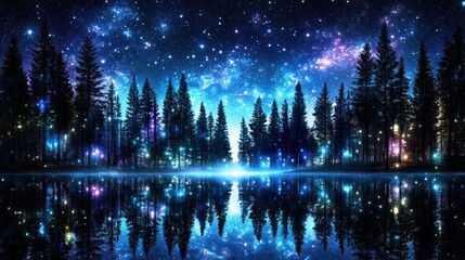 Obraz premium A serene night scene with a starry sky reflecting on a calm lake surrounded by trees.