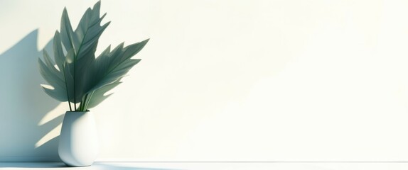 Fototapeta premium Photo of a green plant in a dark green pot, sitting on a white surface, with a light source casting a shadow of the plant onto the wall behind it, simple and minimalist composition