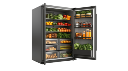 PNG, Fridge, open refrigerator isolated on white background, generated by Generative AI technology.