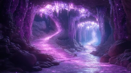 Glowing purple cave, magical stairs, ethereal glow.
