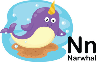 Alphabet Letter N-Narwhal with cartoon vocabulary illustration, vector © Jehsomwang