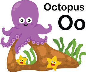 Alphabet Letter O-Octopus with cartoon vocabulary illustration, vector