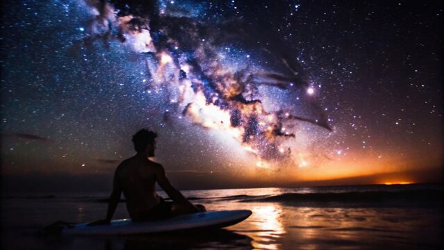 A lone man sits on a surfboard under a starry sky, gazing at the Milky Way.