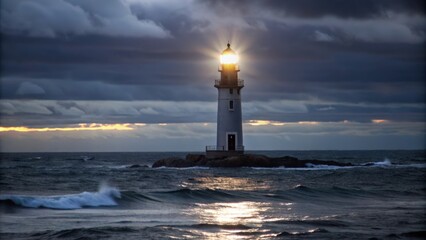 A solitary lighthouse stands tall against a dramatic sky, its beacon piercing the stormy sea.