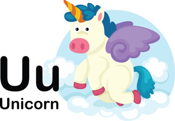 Alphabet Letter U-Unicorn with cartoon vocabulary illustration, vector