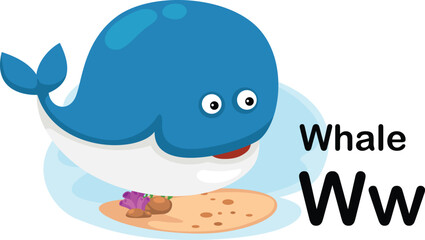 Alphabet Letter W-Whale with cartoon vocabulary illustration, vector