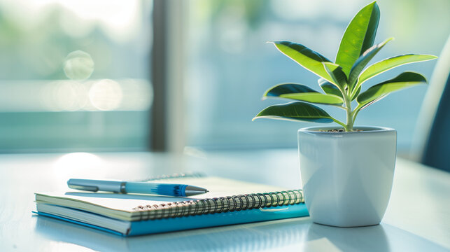 Healthy green plant on white table with small notebook and pen, symbolizing health advice and wellness tips, clean and focused image with copy space for text.