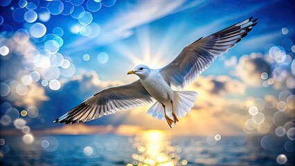 Obraz premium Seagull Flying in the Sky with Bokeh Effect - Beautiful Nature Scene, Coastal Wildlife, Serenity of Birds, Majestic Flight, Ocean Breeze, Outdoor Adventure, Seascape Photography