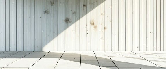 Obraz premium photo of a minimalist interior space with a white wall and a large diagonal shadow cast by a beam of sunlight. The wall is made of vertical wooden panels, and the floor is covered in white tiles. The 