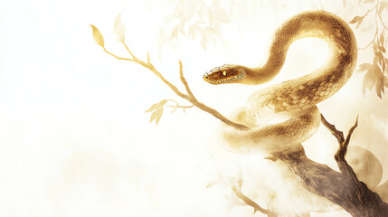 Fototapeta premium A snake is curled up on a branch. The snake is brown and has a long body. The branch is thin and has leaves on it. The image has a calm and peaceful mood