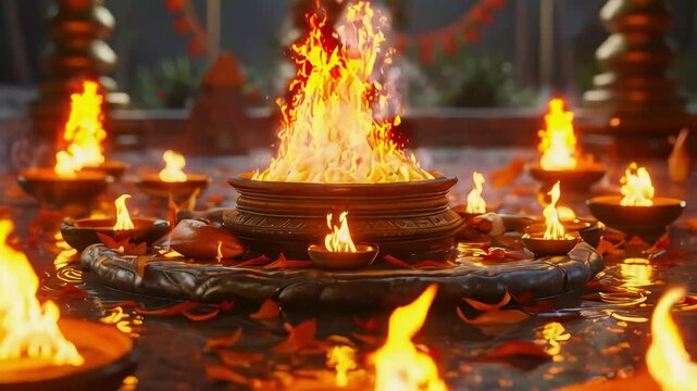 Fire Rituals A 3D Vedic yajna ceremony with sacred flames BAGROUND