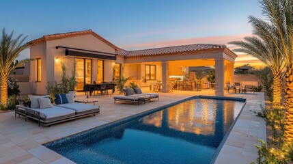 Fototapeta premium Luxury villa with pool at sunset, outdoor furniture. Perfect for real estate, luxury travel, or lifestyle advertising.